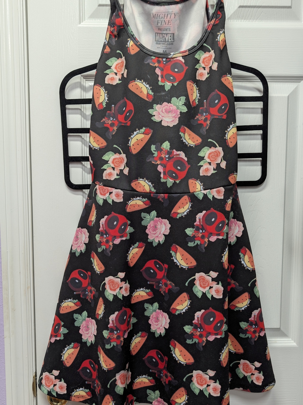 Mighty Fine Black Dress with Red Deadpool & Pink Floral Print With POCKETS